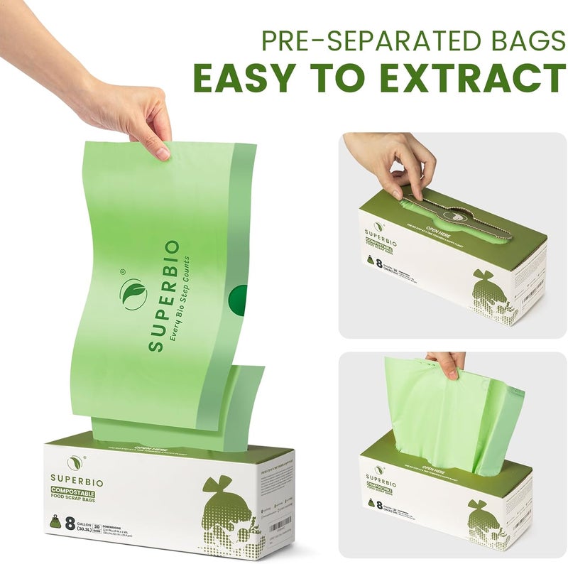 SuperBio 8 Gallon Compostable Drawstring Kitchen Waste Bags,30.3 Liter, 30 Count, 1 Mil,Heavy Duty Food Waste Bags, BPI, Seedling and OK compost INDUSTRIAL - Image 3